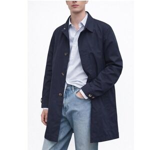 Massimo Dutti Technical Trench Coat Men Small Navy Lightweight Poly Cotton Lined